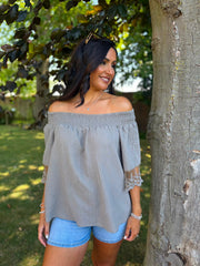 Mocha Bubble Cotton Lace Trim Top Adele