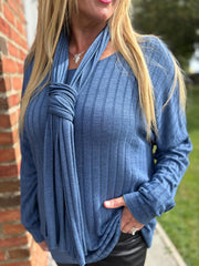 Denim Ribbed Scarf Top Zeta