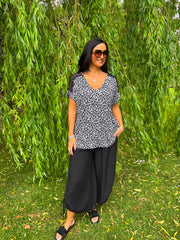 Black Ruched Drawstring Wide Leg Trousers