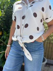Cream Polka Dot Tie Front Blouse Tiana