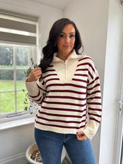 Wine Striped Zip Collar Knit Charlie