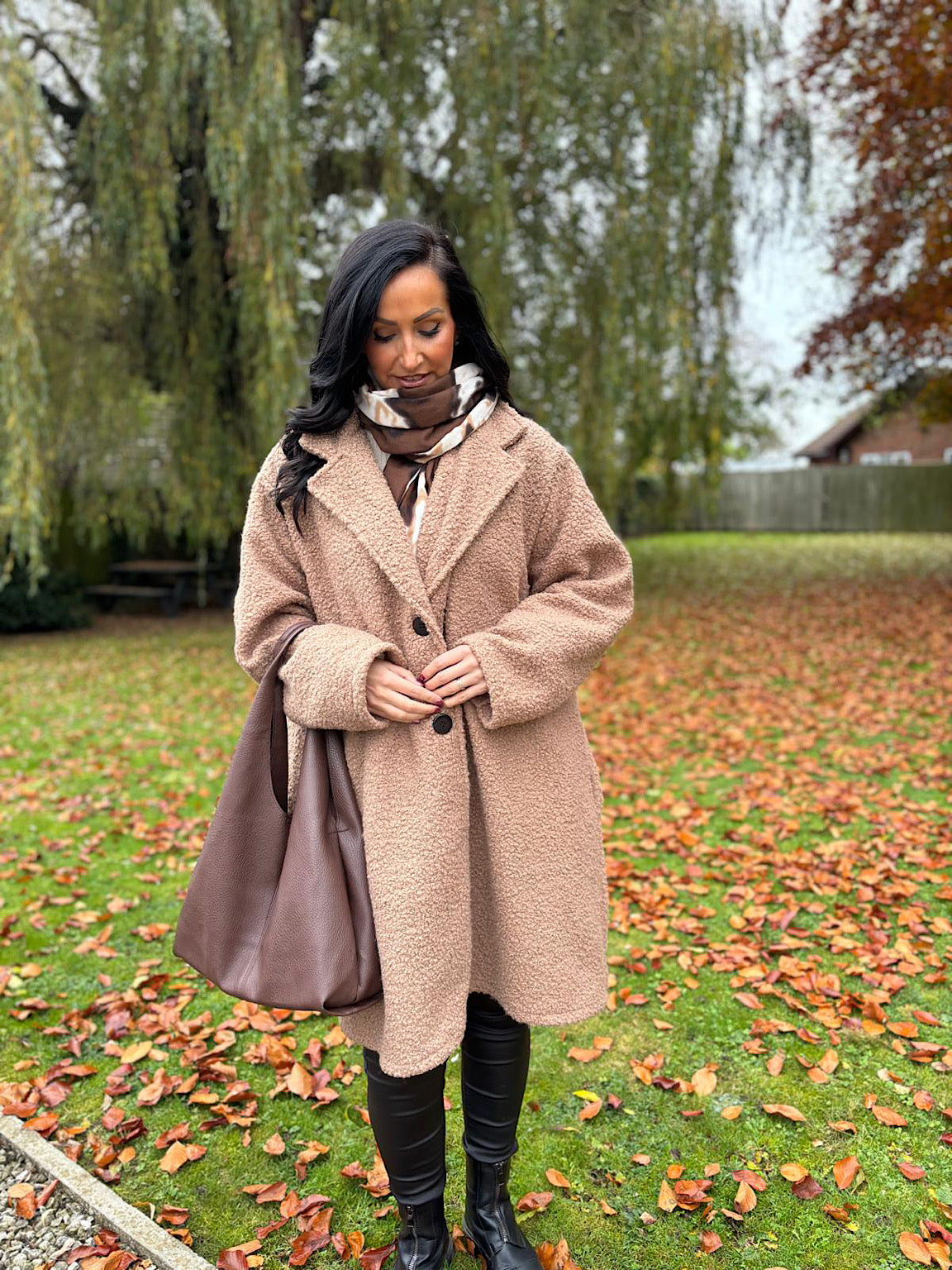 Camel boucle coat hot sale