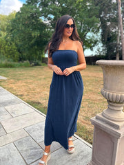 Navy Bandeau Towelling Dress Natasha