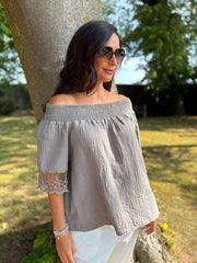 Mocha Bubble Cotton Lace Trim Top Adele