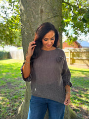 Charcoal Applique Ruffle Sleeve Knit Crystal