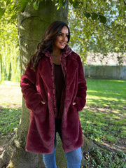 Wine Luxury Faux Fur Hooded Coat Aspen