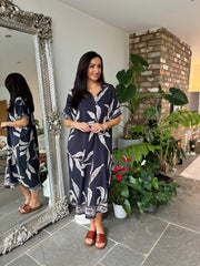 Navy Leaf Pattern Shirt Dress Savana