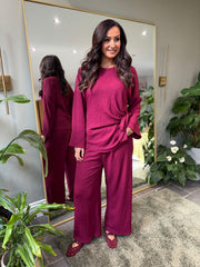 Wine Textured Trousers Set Liora