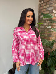 Lipstick Pink Button Sleeve Gingham Blouse Opal