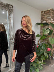 Chocolate Velour Cowl Neck Sparkle Top Olivia
