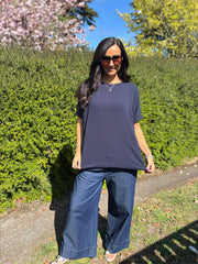 Navy Applique Floral Crepe Top Astra