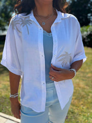 White Linen Studded Palm Shirt Ruby