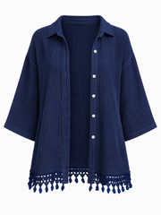 Navy Bubble Cotton Crochet Hem Blouse Jo