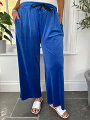Royal Blue Pull On Wide Leg Velour Trousers