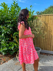 Pink Bubble Cotton Leopard Dress Crystal
