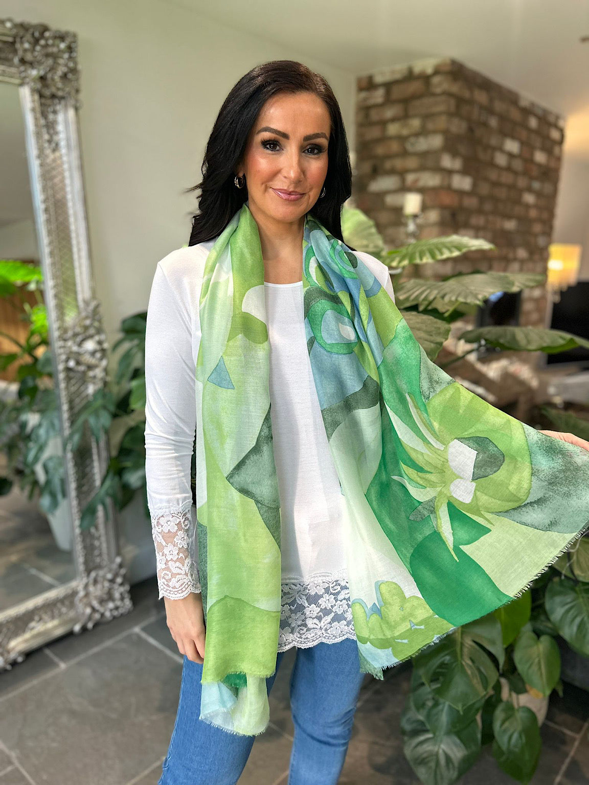 Green print scarf deals