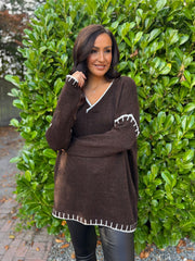 Chocolate Blanket Stitch V Neck Jumper Jenny