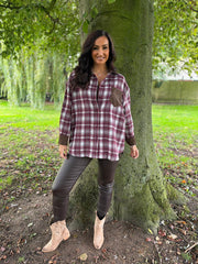Wine Faux Leather Trim Checked Shirt Jess