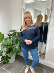 Navy Long Sleeve Lace Top Ruby