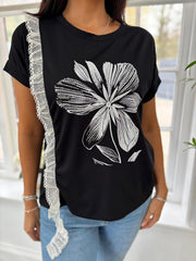 Black Diamante Floral Lace Trim Tee Aria