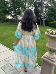 Blue Tiered Golden Leaf Kaftan Dress Molly