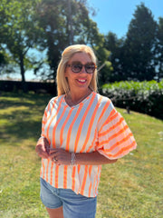 Neon Orange Puff Sleeve Striped Top Erin