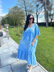 Denim Embroidered Kimono Maxi Dress Flora