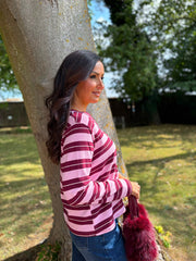 Wine V Neck Striped Sweat Top Demi