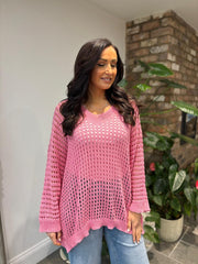 Candy Pink Multi Hole V Neck Knit Sammy