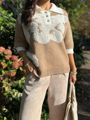 Camel Luxury Collared Floral Knit Eve