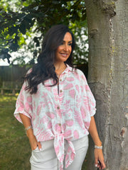 Pink Leaf Print Tie Front Blouse Brielle