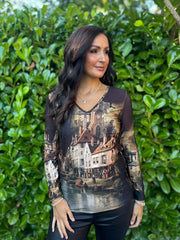 Chocolate Scenic Printed Top River