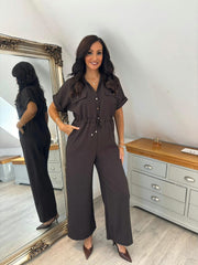 Chocolate Wide Leg Collared Jumpsuit Carrie