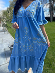 Denim Embroidered Kimono Maxi Dress Flora