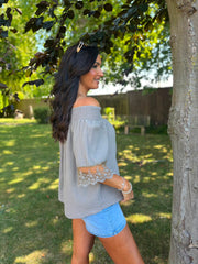 Mocha Bubble Cotton Lace Trim Top Adele