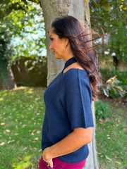 Navy Asymmetric Off Shoulder Knit Cora