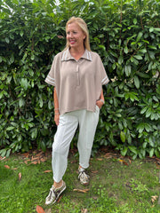Mocha Stripe Detail Button Top Leona