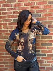 Navy Scenic Printed Top River