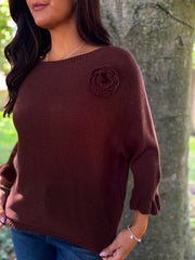 Chocolate Applique Ruffle Sleeve Knit Crystal