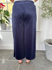 Navy Pull On Wide Leg Velour Trousers