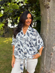 Navy Leaf Print Tie Front Blouse Brielle