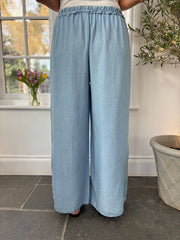 Light Denim Wide Leg Embroidered Trousers