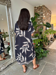 Navy Leaf Pattern Shirt Dress Savana