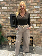 Mocha Wide Leg Pull On Cargo Trousers
