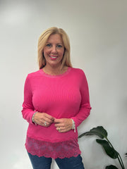 Lipstick Ribbed Lace Trim Top Madeline