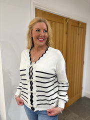 White Scalloped Edge Striped Cardi Clara