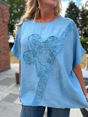 Light Denim Embroidered Floral Top Frankie