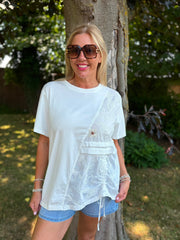 White Drawstring Embroidered Panel Tee Avani