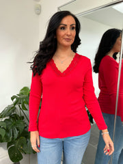 Red Ribbed Long Sleeve Lace V Neck Erin