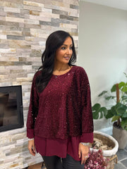 Wine Velour Sequin Panel Top Aurora
